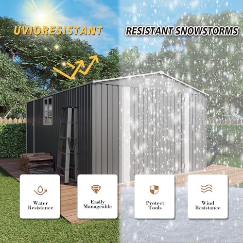 10x12x6.7FT Outdoor Storage Shed, Galvanized Steel Garden Shed with Lockable Door & Window, Waterproof Metal Tool Storage for Garden, Backyard, Patio