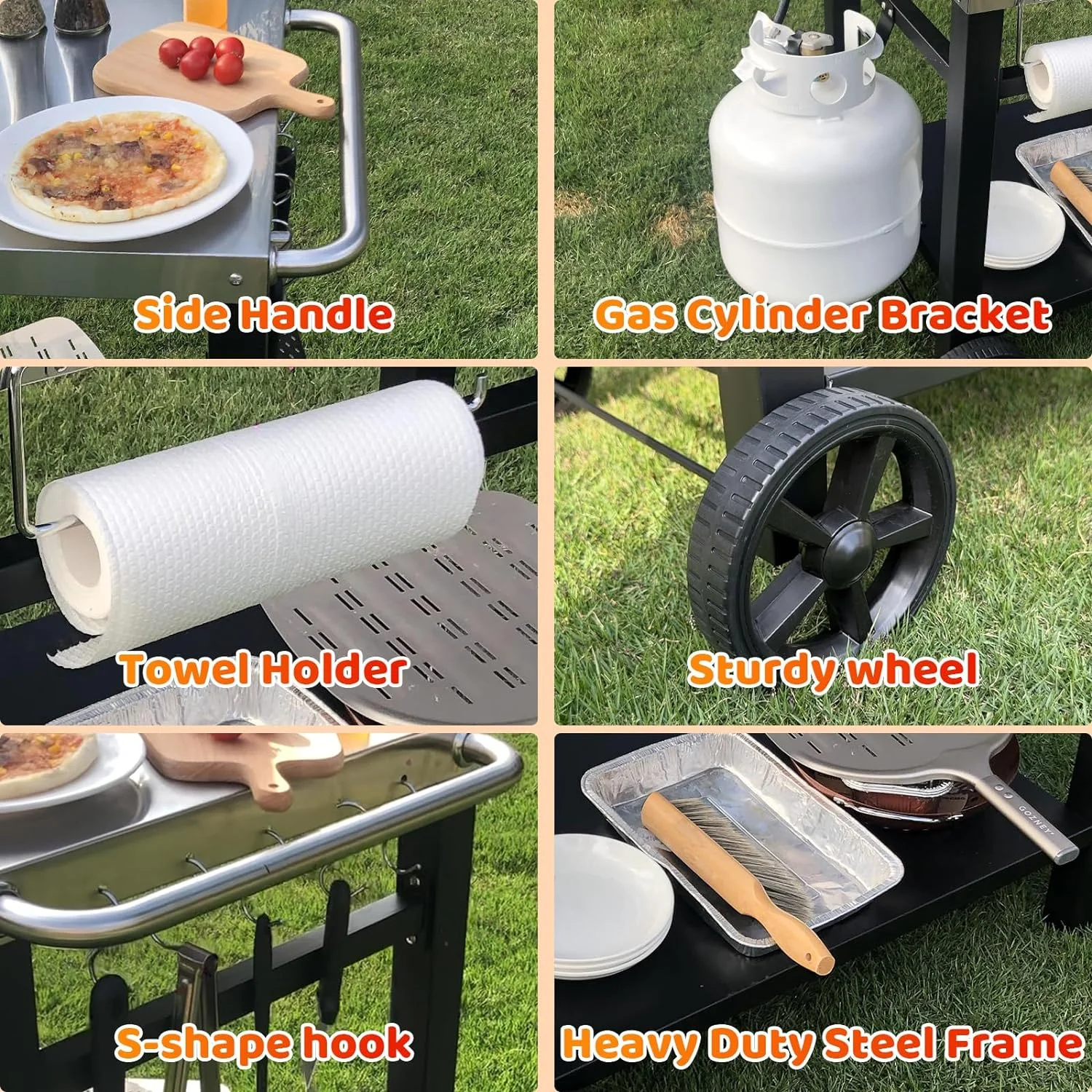 GRILL FORCE Outdoor Grill Cart Table,Movable Dining Cart Table, Pizza Oven Table Stand,Food Prep and Work Table Cart,BBQ Grill Carts with Wheels