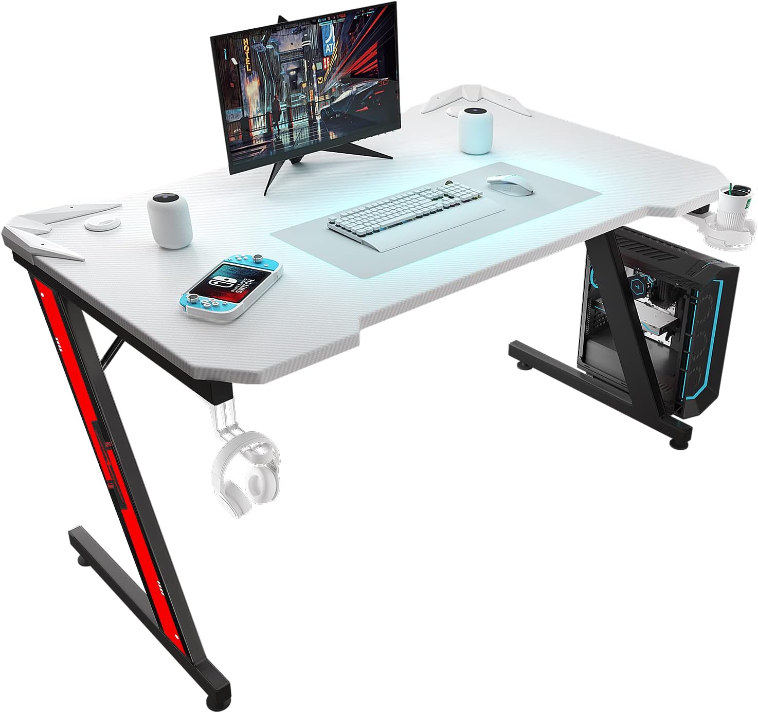 Homall Gaming Desk 44 Inch Computer Desk Gaming Table Z Shaped Pc Gaming Workstation Home Office Desk with Carbon Fiber Surface Cup Holder and