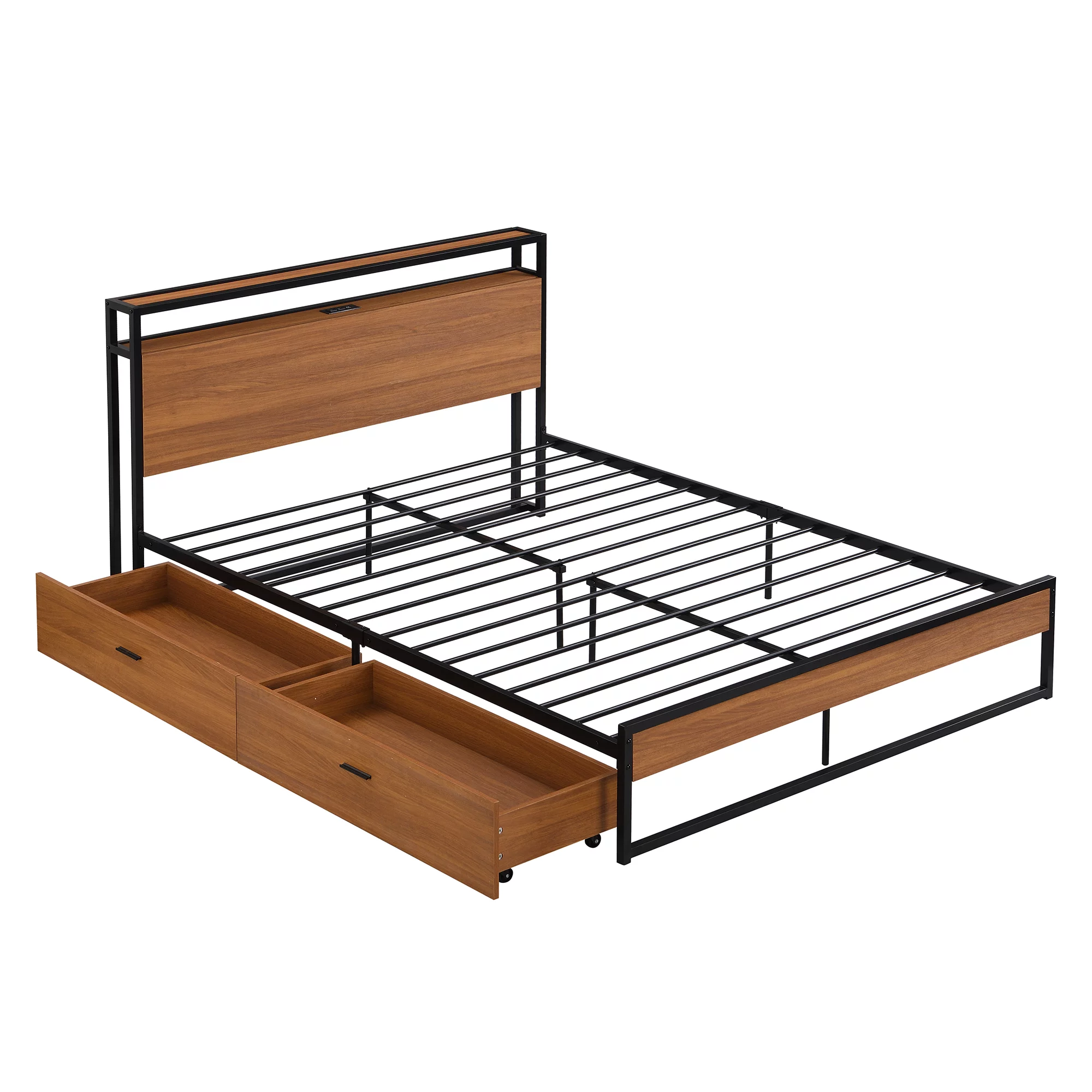 BTMWAY Metal Queen Bed Frame, Queen Size Platform Bed Frames with Wood Headboard, 2 Drawers, Sockets and USB Ports for Bedroom, No Box Spring Needed