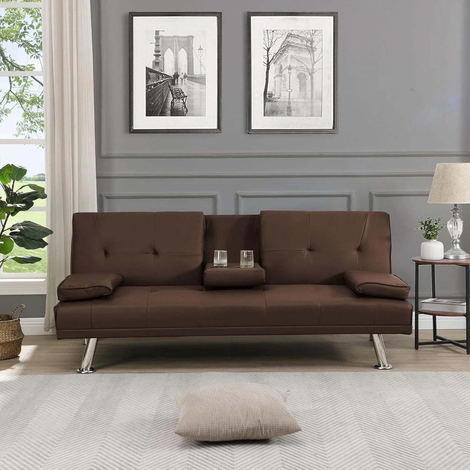 Hbaid Modern Faux Leather Couch Convertible Folding Futon Sofa Bed with 2 Cup Holders, Brown