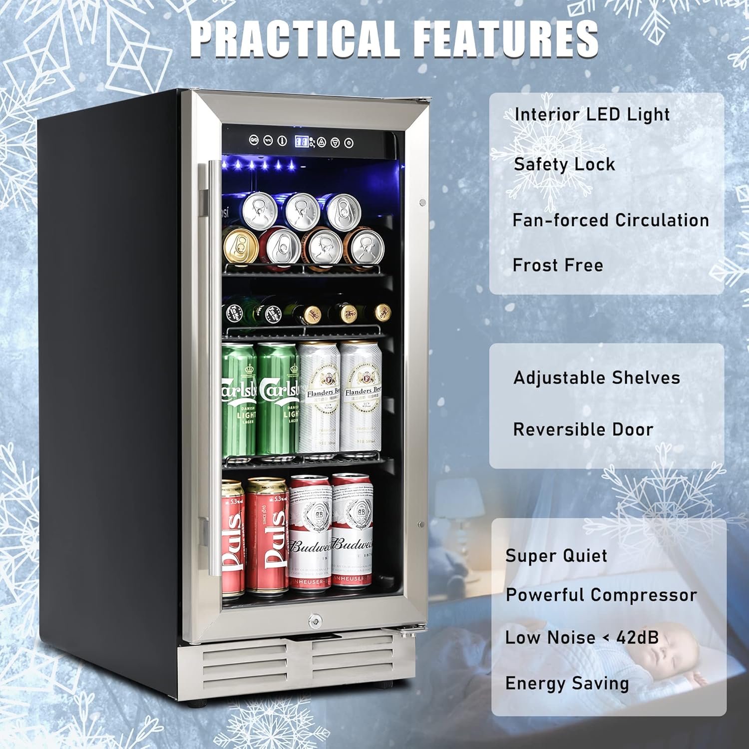 Beverage Refrigerator,120 Cans Built-in and Freestanding Mini Beverage Refrigerator Cooler with Double Glass Door,Mini Fridge with LED Lighting