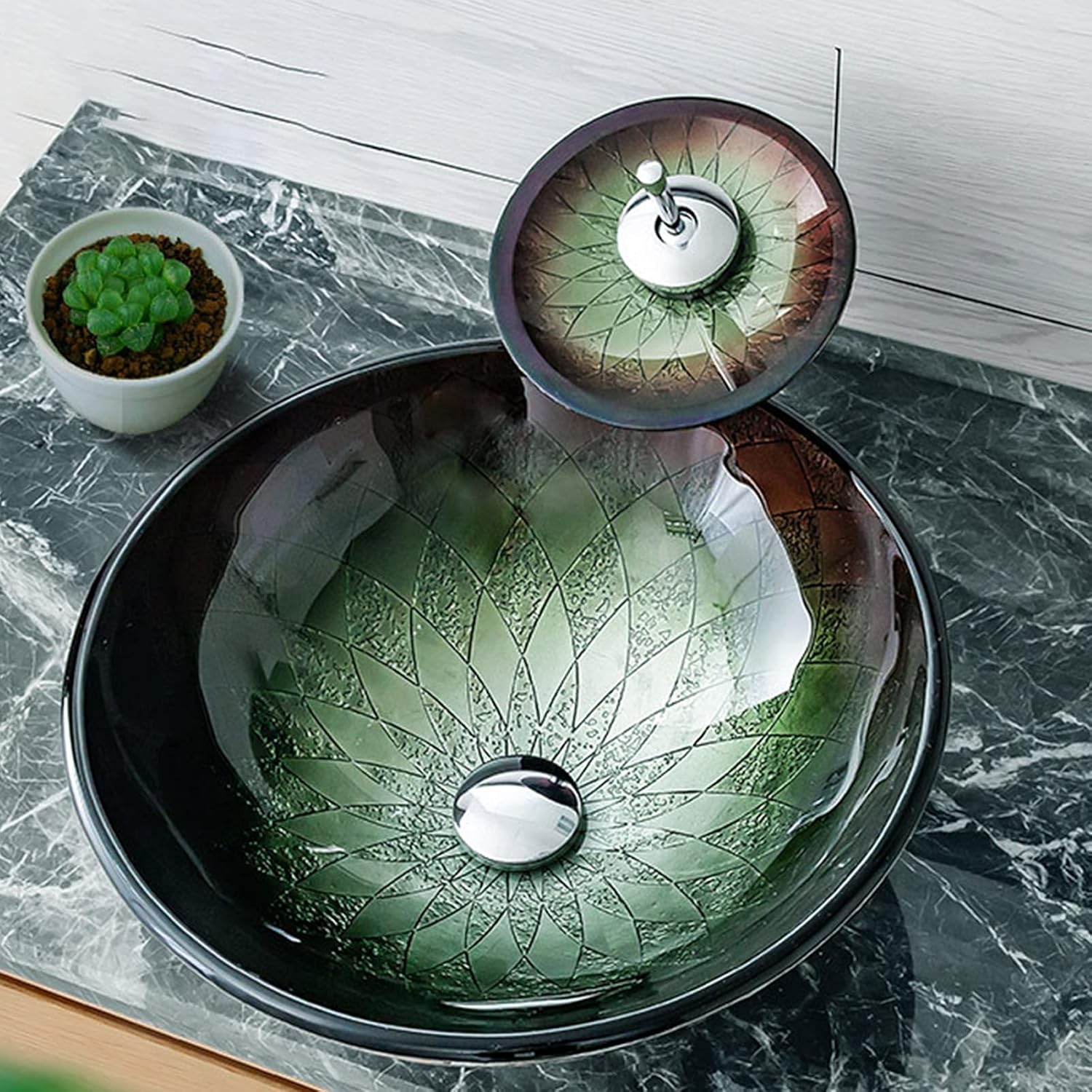 Bathroom Vessel Sink, American Style Tempered Glass Round Vessel Sink with Waterfall Faucet and Pop Up Drain, Counter Top Installation,B
