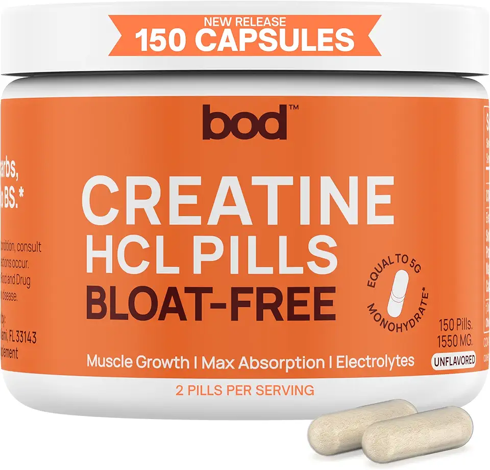 BOD Creatine Capsules HCL Pills for Muscle Support, Endurance, No Bloat, No Load, Monohydrate Micronized Alternative