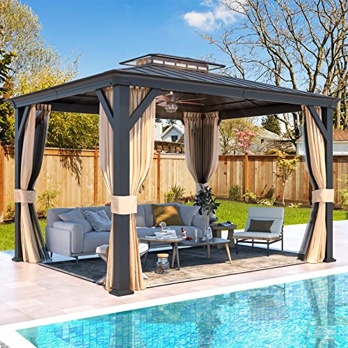 EROMMY 12'x20' Hardtop Gazebo Double Roof Galvanized Steel Canopy Outdoor Aluminum Frame Permanent Metal Pavilion with Netting and Curtains for Patio