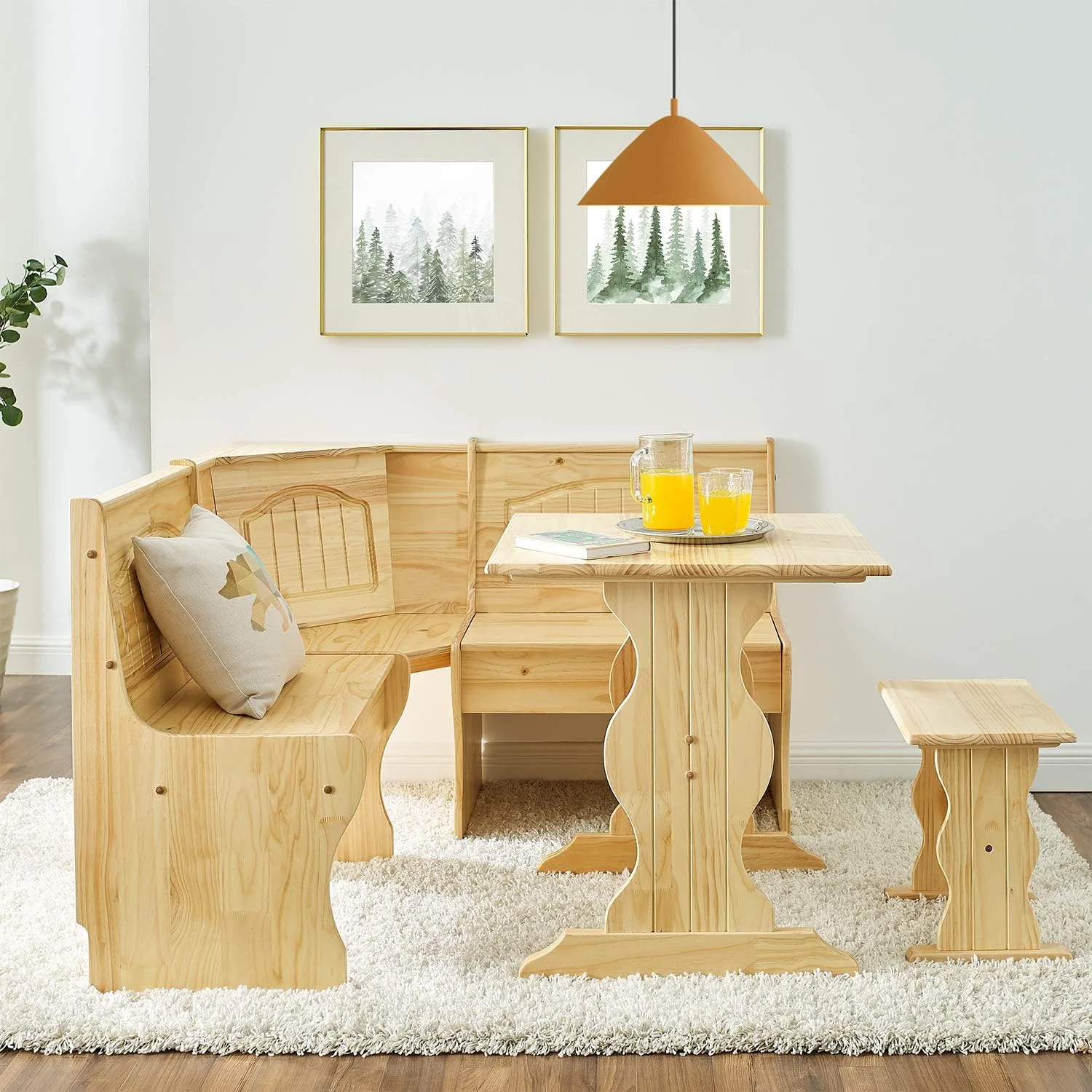 Traditional 3 Piece Solid Wood Breakfast Nook Dining Table Set With Side Bench, Hidden Storage Nook Table Set For Small Space