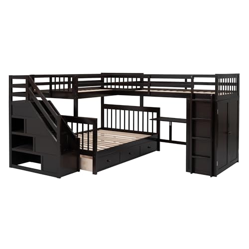 L-Shape Triple Bunk Beds with Stairs and Desk, Wood Twin-Over-Full Bunk Bed with Storage Wardrobe, Shelves and Drawers