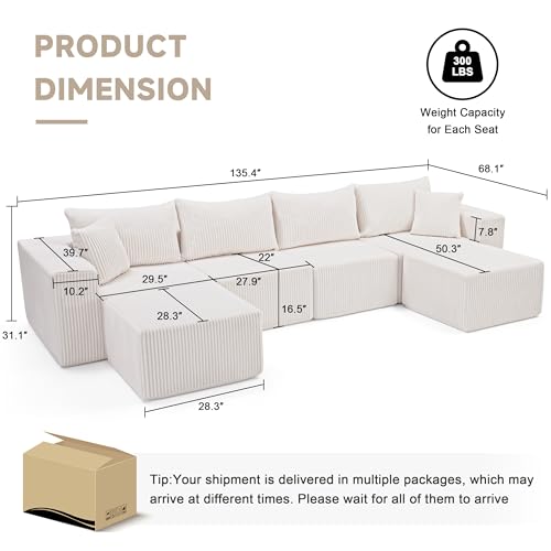 107.4" Cloud Couch Sectional, Modular Sofa with Deep Seat, Plush Corduroy L Shaped Boneless Couch, Convertible Sectional Couches for Living Room