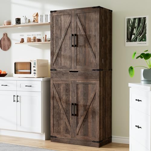 72" Tall Storage Cabinet, Kitchen Pantry Cabinet with Adjustable Shelves & Sturdy Steel Frame, Farmhouse Pantry Storage with 4 Barn Doors for Kitchen