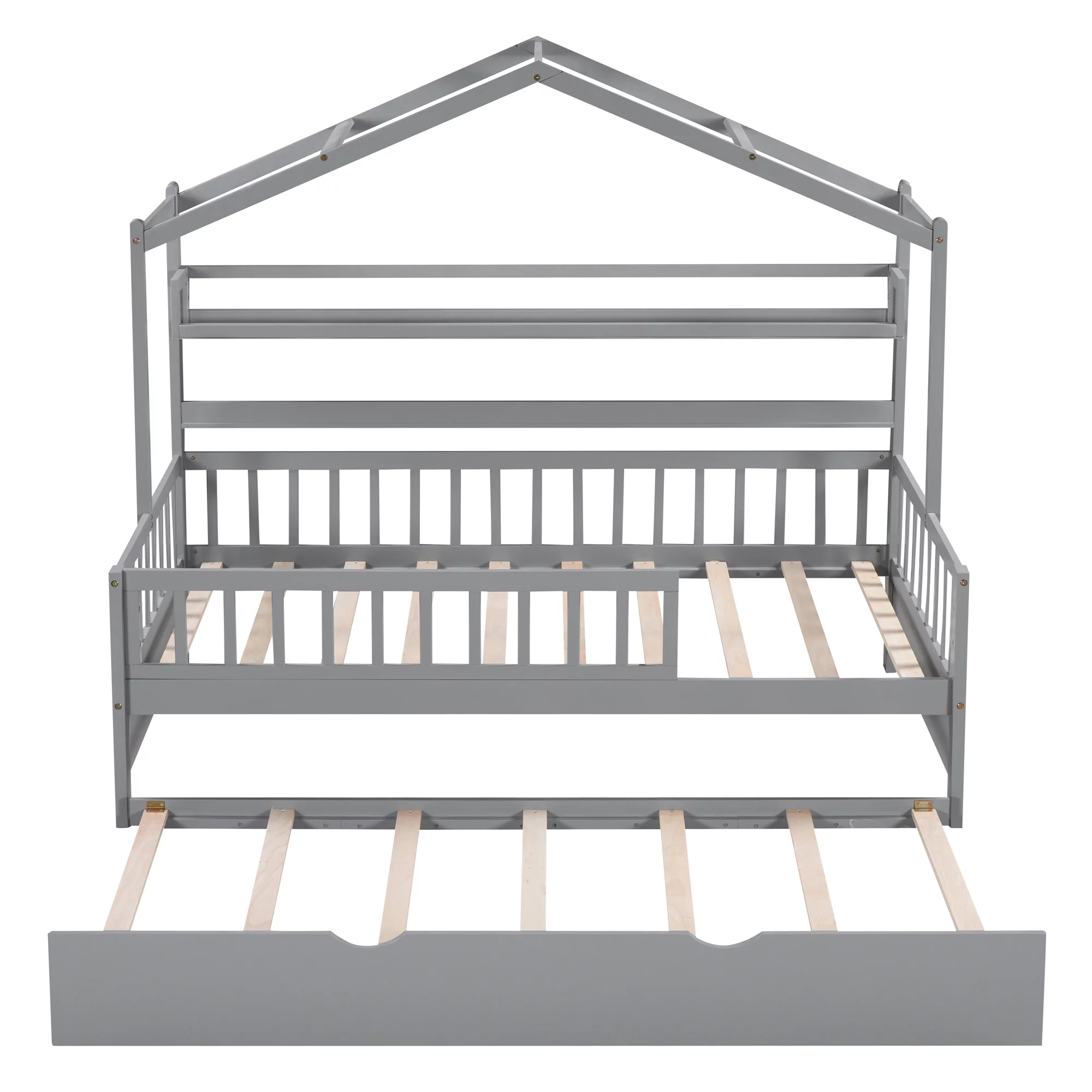 Euroco Wood Twin Size House Bed with Bookcase and Trundle for Kids, Gray