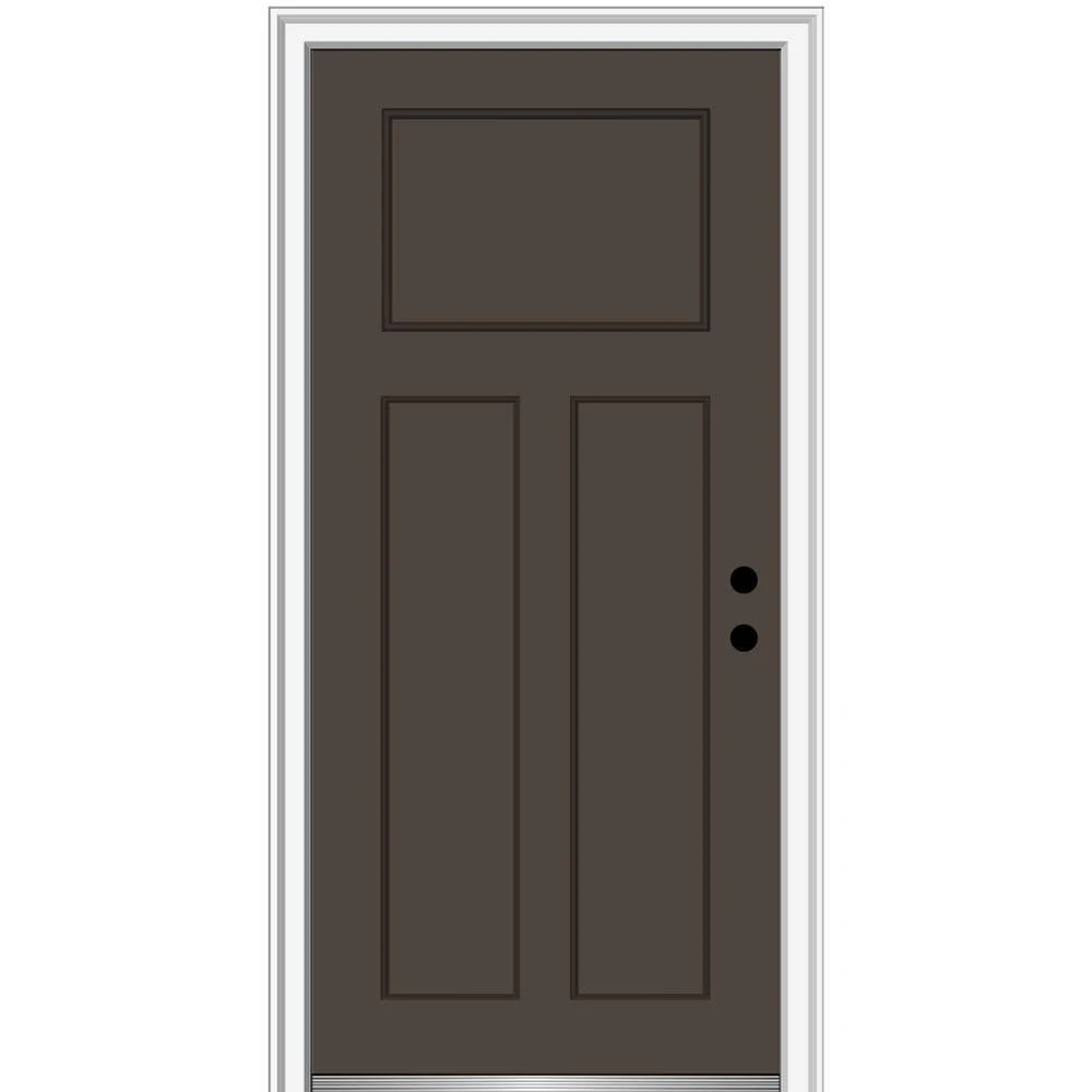 MMI Door 36 in. x 80 in. Left-Hand Inswing Craftsman 3-Panel Shaker Classic Painted Fiberglass Smooth Prehung Front DOOR, Brown