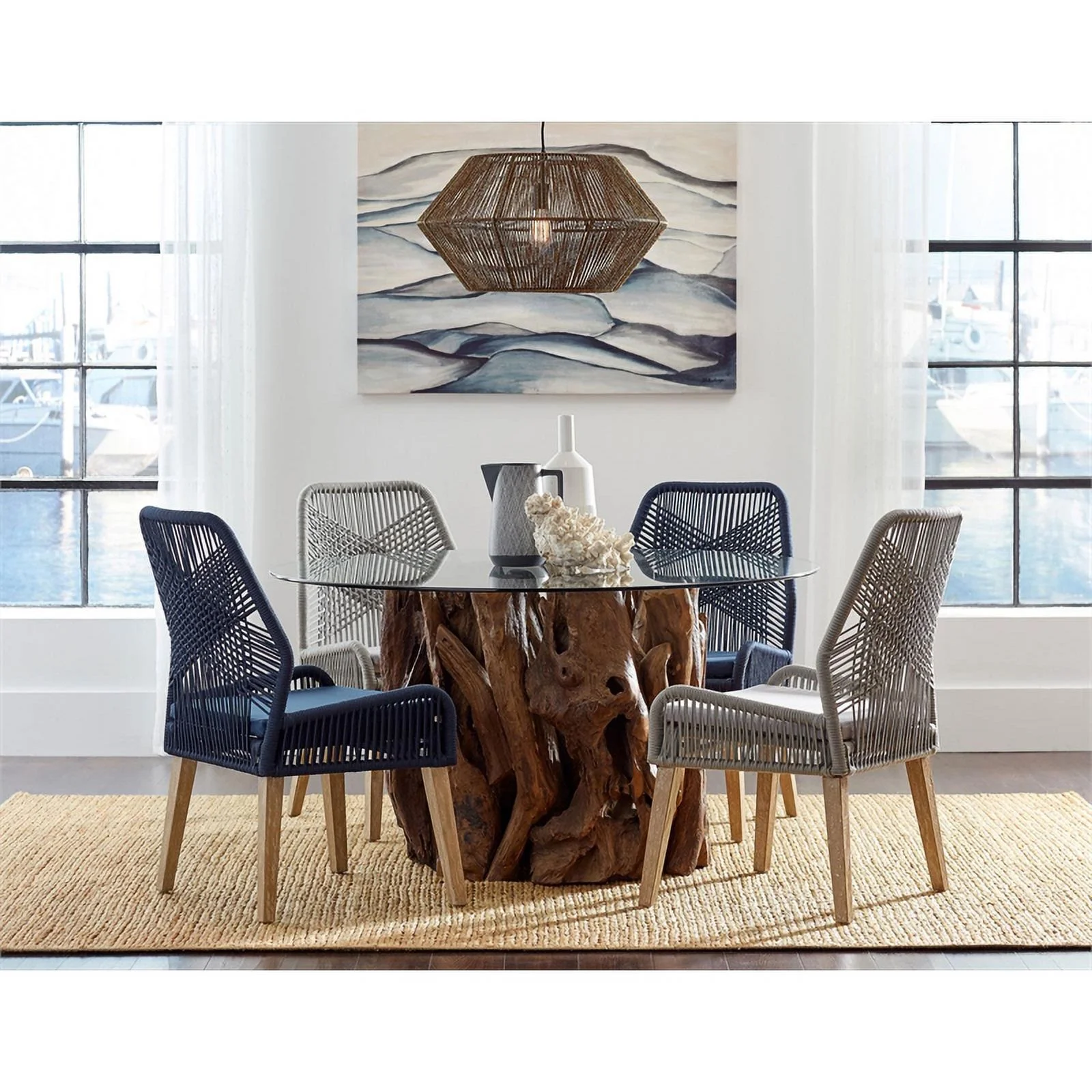 Pemberly Row Round Wood & Glass Dining Table in Light Brown and Clear