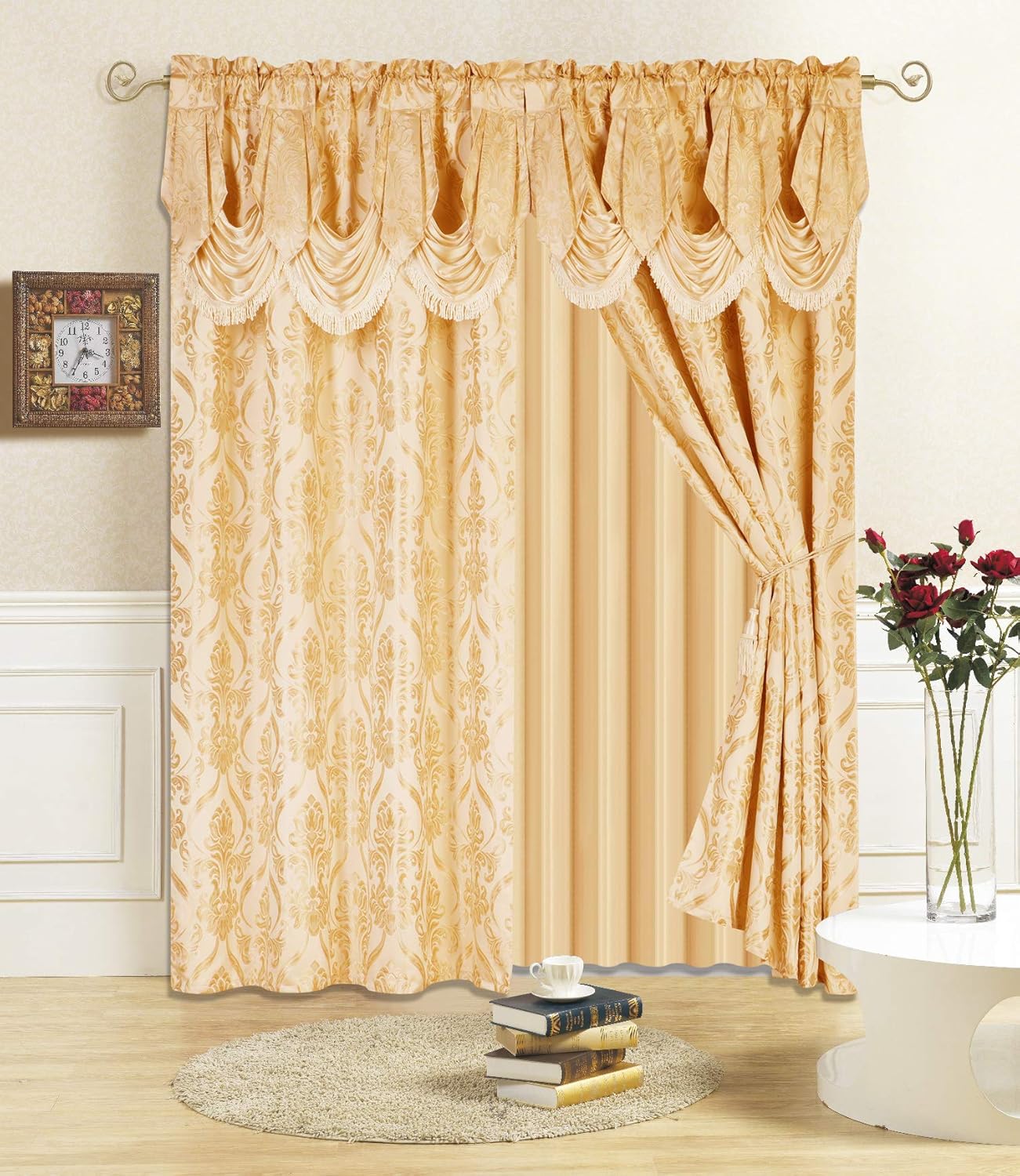 All American Collection New 4 Piece Drape Set with Attached Valance and Sheer with 2 Tie Backs Included (63" Length, Orange)