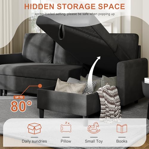 Vongrasig Convertible Sleeper Sofa, Pull Out Couch with Storage, 77" L-Shaped Sofa Bed with Storage Chaise Corduroy Fabric for Living Room, Apartment