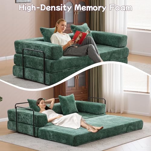 Convertible Floor Sofa Bed, Foldable Mattress Cloud Couch with Pillow Back & Armrest, Chenille Sleeper Sofa Bed with Fixed-Shape Frame