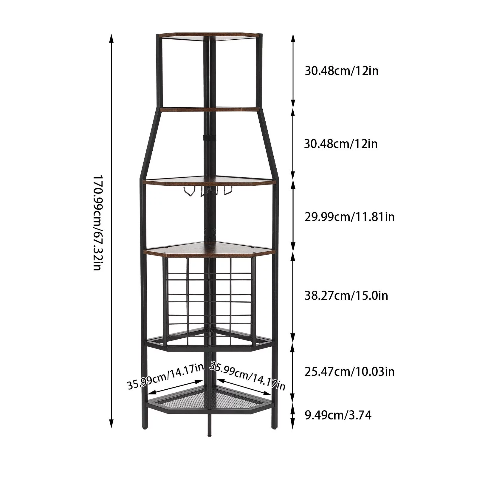 5-Tier Corner Wine Rack W/Glass Holder+Storage Shelf Industrial Corner Bar Shelf Triangle Corner Shelf (Brown/Gray) - Curated Treasures Market