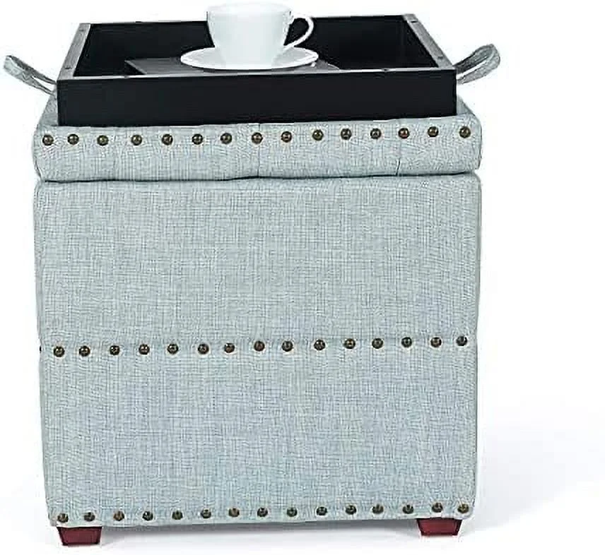 HJZBNONE Modern Nailhead  Ottoman with Tray Top Square Script Ottoman Space-Saving Coffee Table  Grey