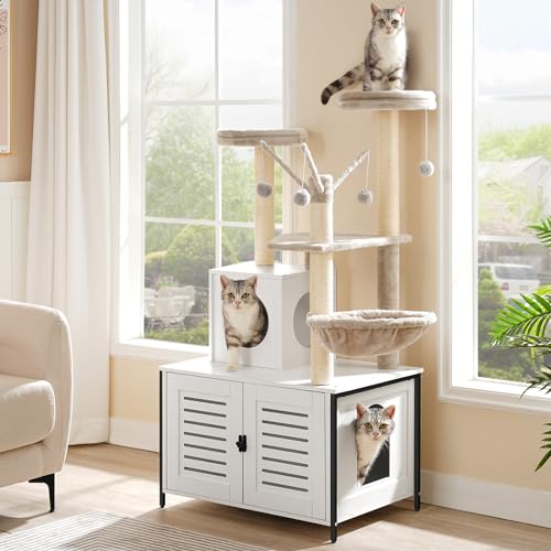 HOOBRO Cat Tree with Litter Box Enclosure, 27.6" L x 18.9" W x 52" H, All-in-One Wooden Cat Tower, Cat Furniture for Indoor Cats