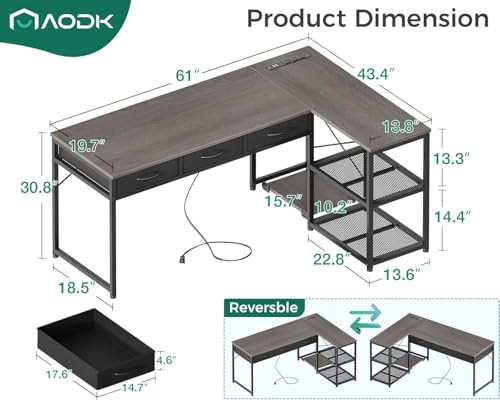AODK 53 Inch L Shaped Computer Desk with Drawers, Corner Desk with Power Outlets & Reversible Storage Shelves