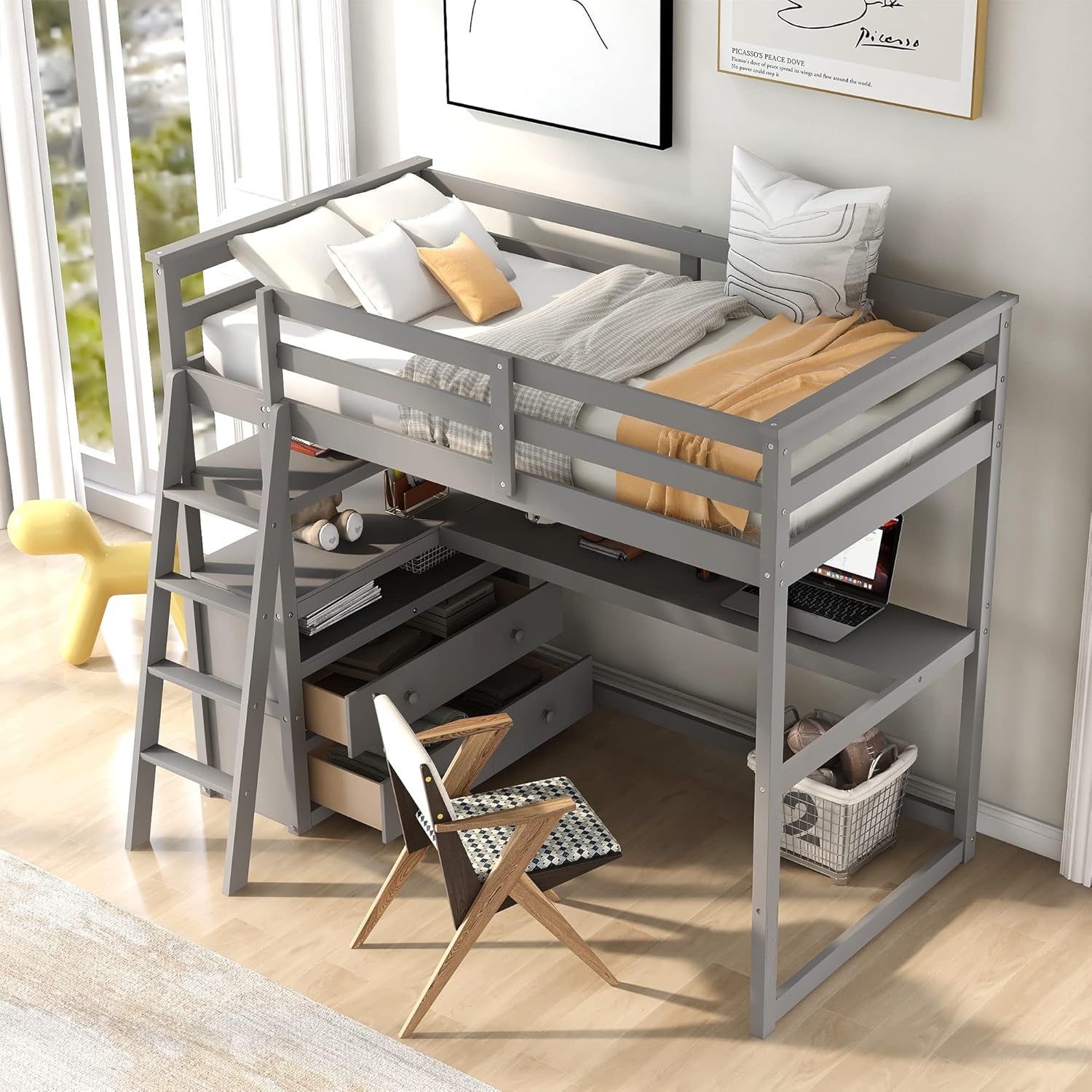 Merax Twin Size Loft Bed with Desk, Shelves and Two Built-in Drawers, Solid Wood Bed Frame for Teens, Grey