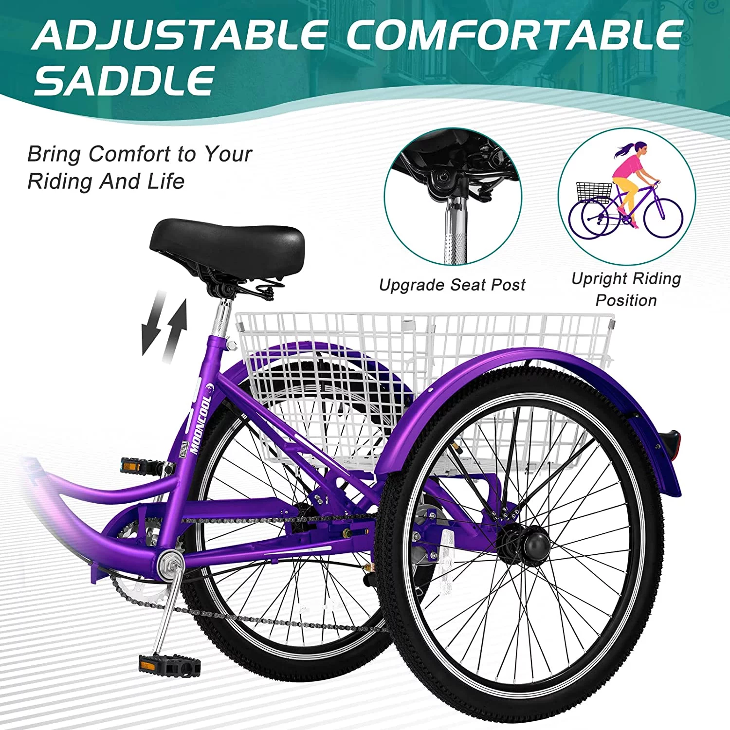Docred Adult Tricycle 7 Speed 24 Inch Three Wheel Bike Cruiser Trike for Men/Women/Seniors