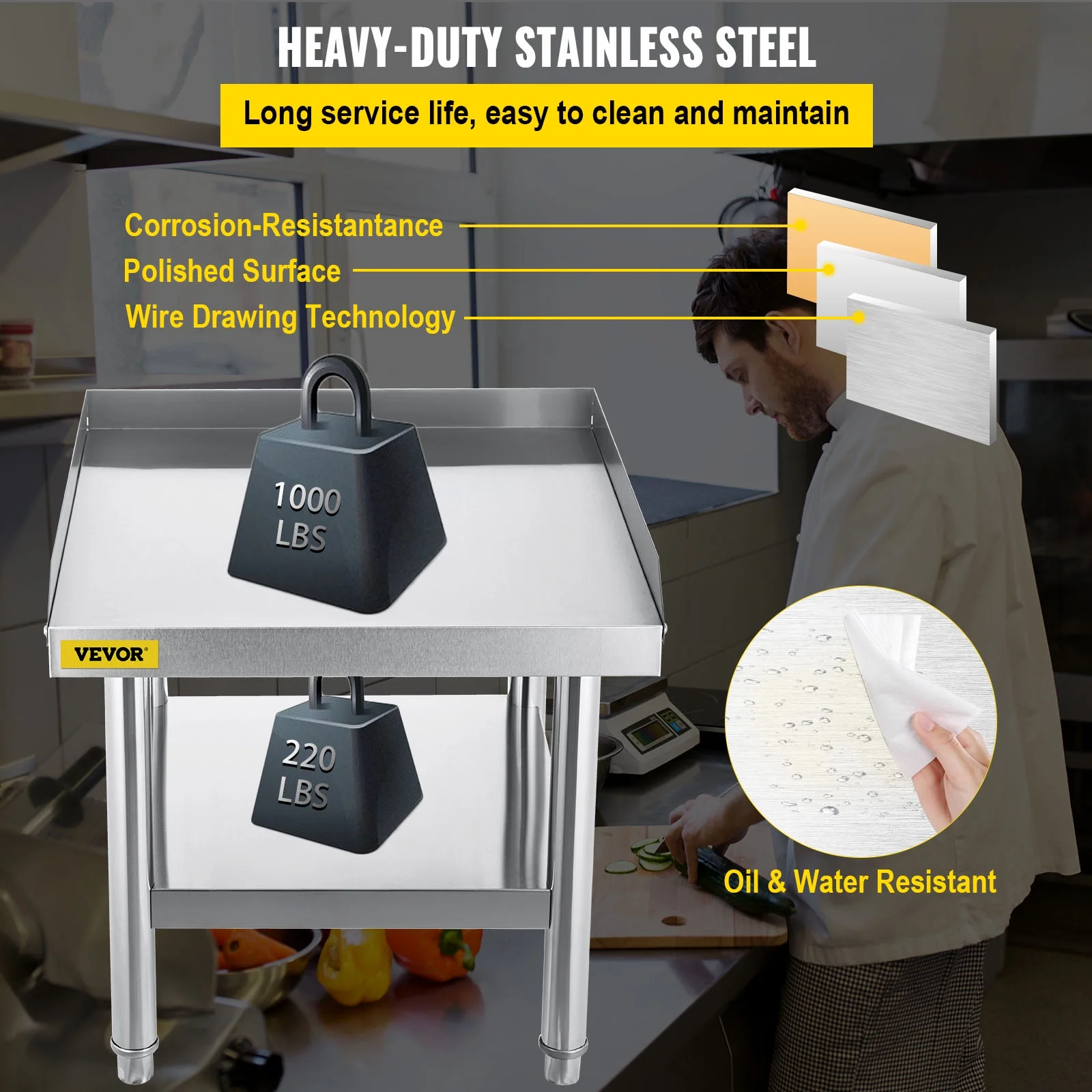 VEVOR Stainless Steel Table, 24 x 24 Inch, Heavy Duty Prep & Work Metal Workbench with Adjustable Storage Under Shelf and Table Feet