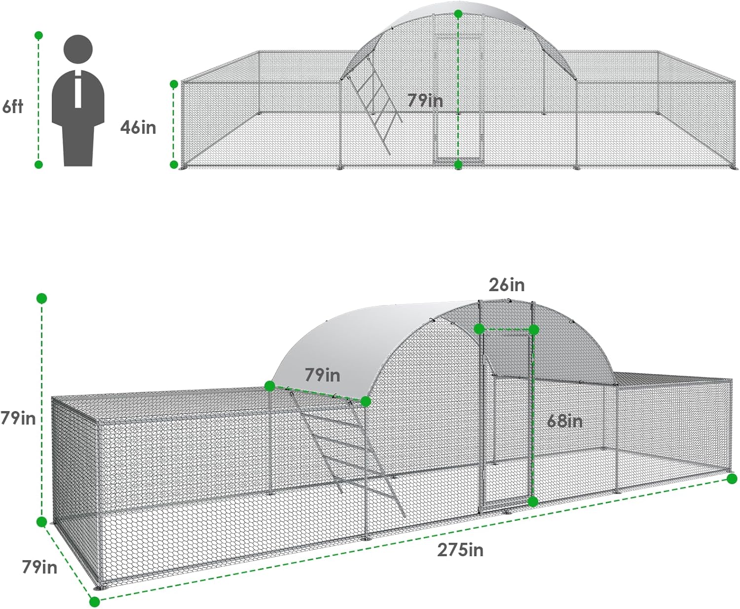 Arlopu 23ft Metal Chicken Coop, 3-Room Dome-Roof Poultry Pen, Large Hen Run Enclosure, Walk-in Galvanized Duck Rabbit Cage House