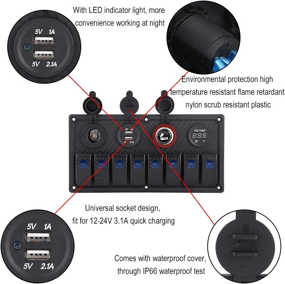 Qiilu 8 Gang Boat 12V Aluminium Rocker Switch Panel - Blue LED Lighted Control Switches