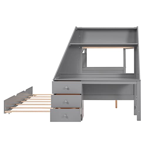 Twin Over Full Bunk Bed with Desk and Trundle, Wooden Bunk Beds Twin over Full Size with Storage Drawers and Shelf