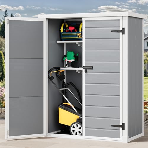 DWVO 5x3ft Resin Outdoor Storage Shed with Floor, Waterproof Lockable Storage Shed with Window, Plastic Outside Tool Storage for Garden, Backyard