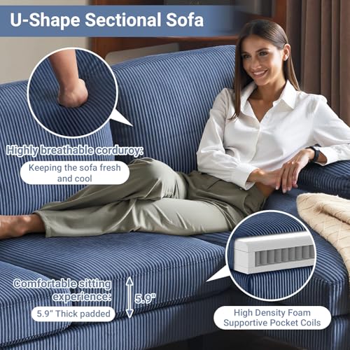 VINGLI 110" Sectional Couches for Living Room,U Shaped Couch with Double Chaise, 4-Seat Sofa Set with Chenille Fabric for Home Furniture,Forest Green
