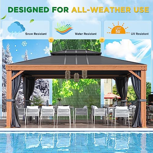 EROMMY 12'x20' Hardtop Gazebo Double Roof Galvanized Steel Canopy Outdoor Aluminum Frame Permanent Metal Pavilion with Netting and Curtains for Patio