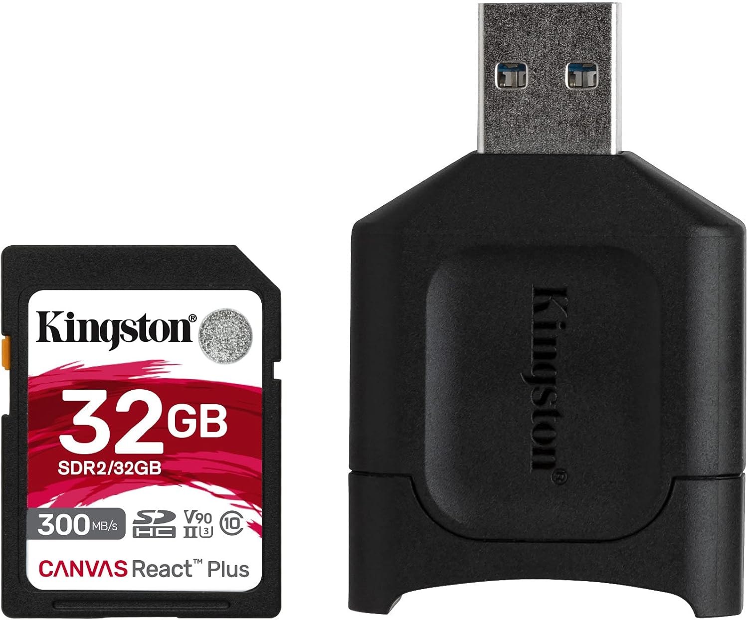 Kingston 32GB Canvas React Plus V90 UHS-II SDXC Card with UHS-II SD Card Reader (2-Pack) and Memory Case Bundle (3 Items) Pack of 2