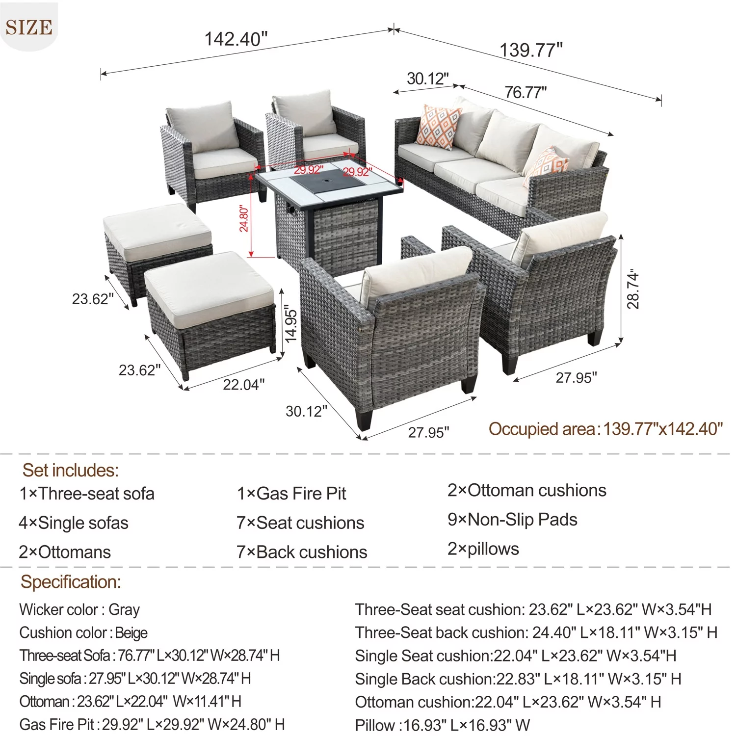 Ovios 8 Pieces Patio Outdoor Furniture Grey Conversation Set Outdoor Sectional Sofa with Gas Fire Pit CSA Approved - Radiant Selections