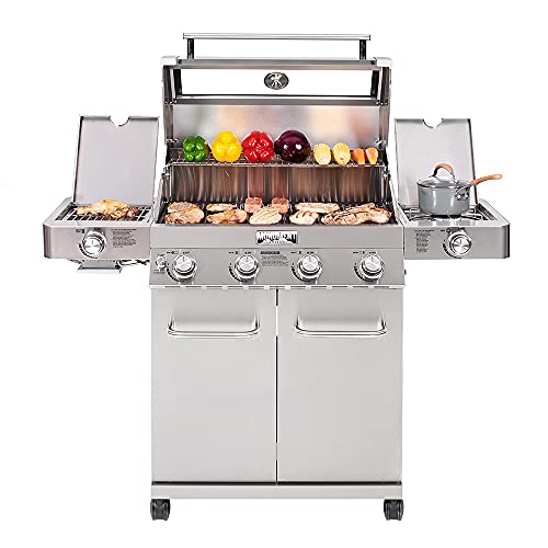 Monument Grills Larger 4-Burner Propane Gas Grills Stainless Steel Cabinet Style with Side & Infrared Side Sear Burners with Stainless Steel