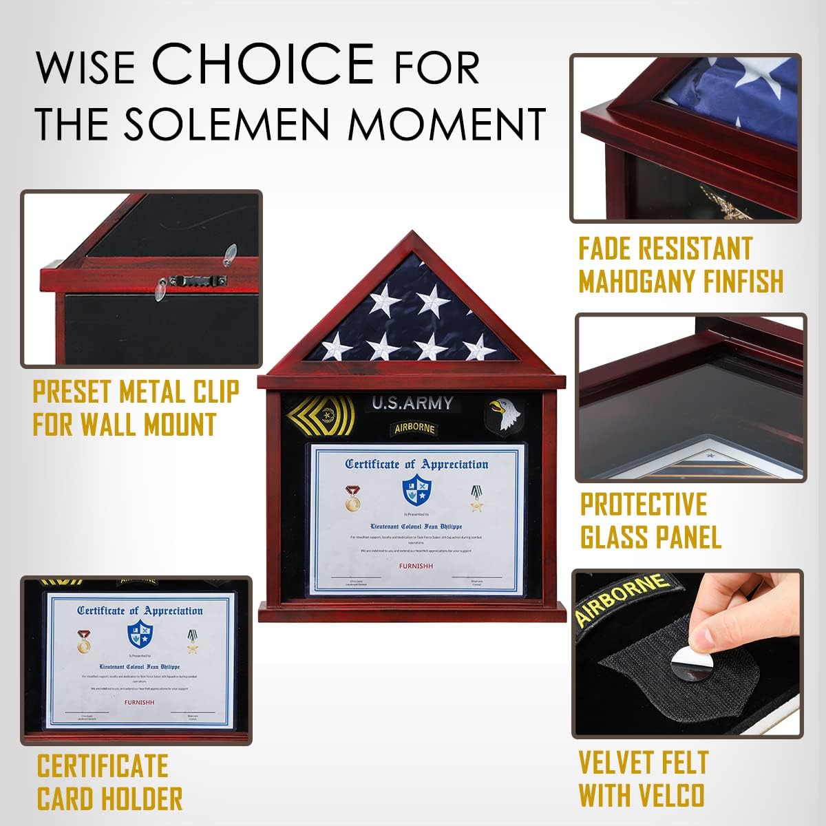 Flag Display Case for Folded Americian Flag with Certificate & Document Holder Display Frame Military Shadow Box for Army Navy Air Force Veterans