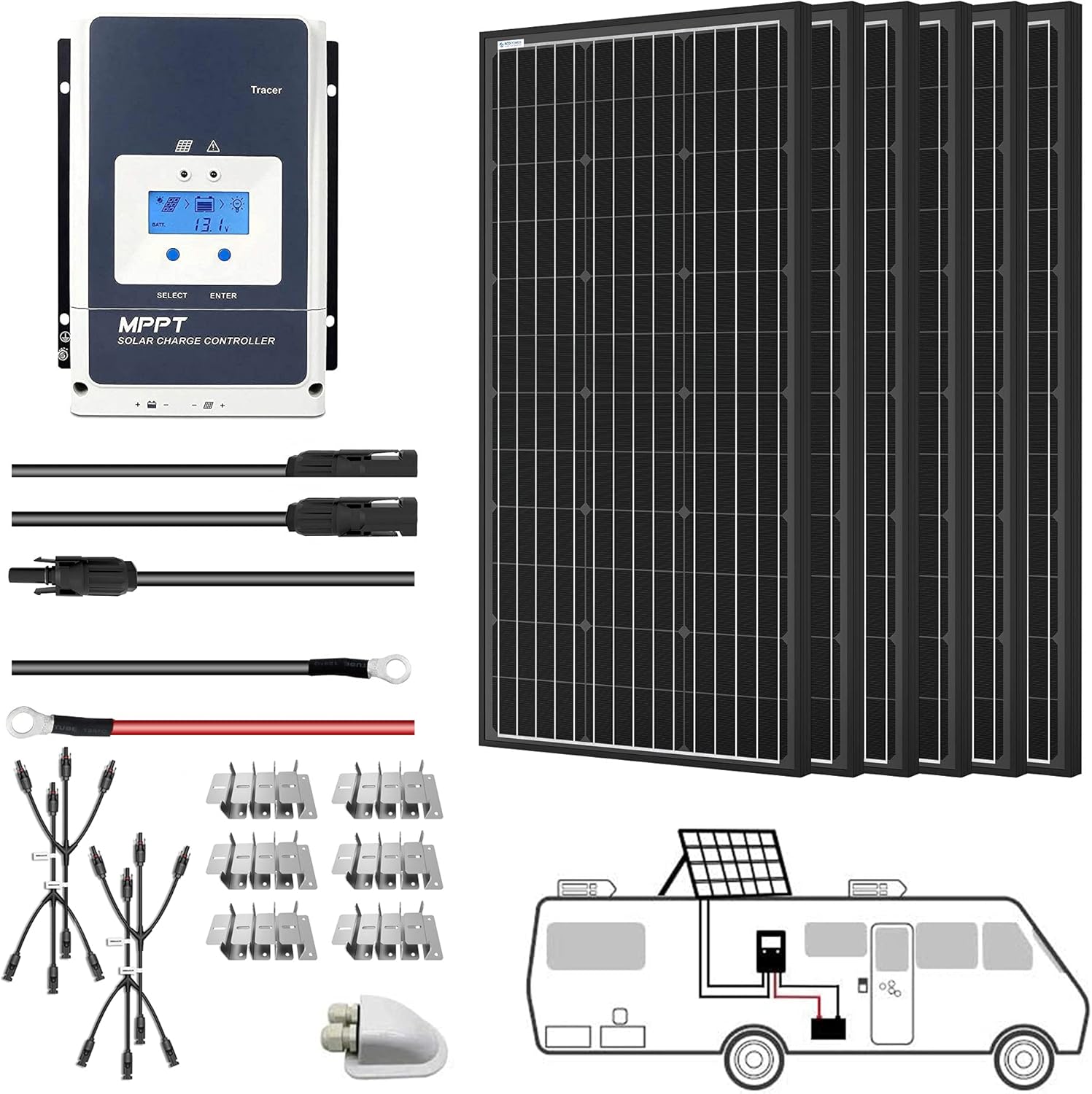 ACOPOWER 600 Watt Solar Panel Off-grid System High Efficiency Monocrystalline 6*100W Solar Panels Kit with 50A MPPT LCD Charge Controller/Mounting