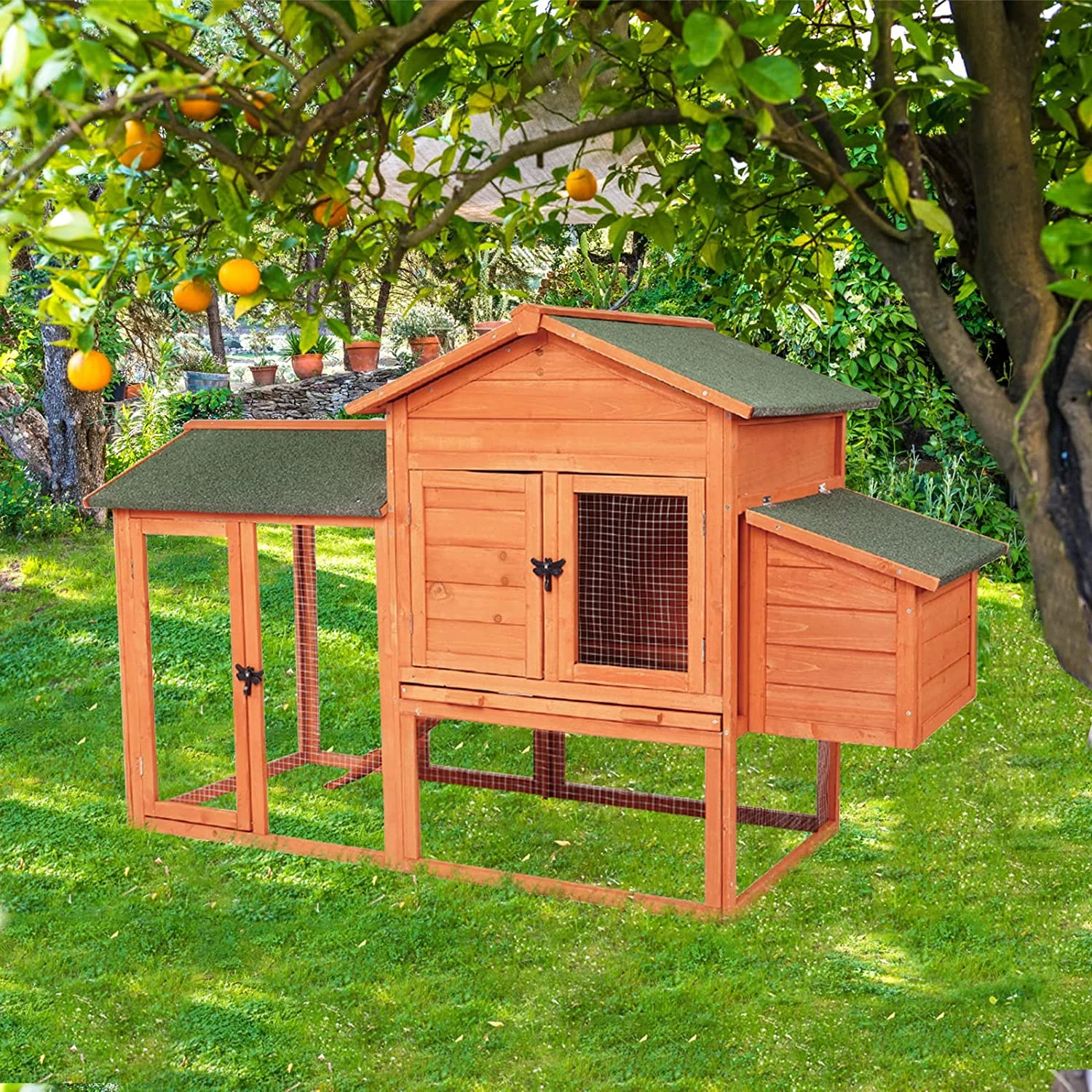 Arlopu 65" Chicken Coop, Outdoor Wooden Poultry Cage, Multi-Level Hen House with Ramp, Nesting Box, Removable Tray & Weatherproof Asphalt roof