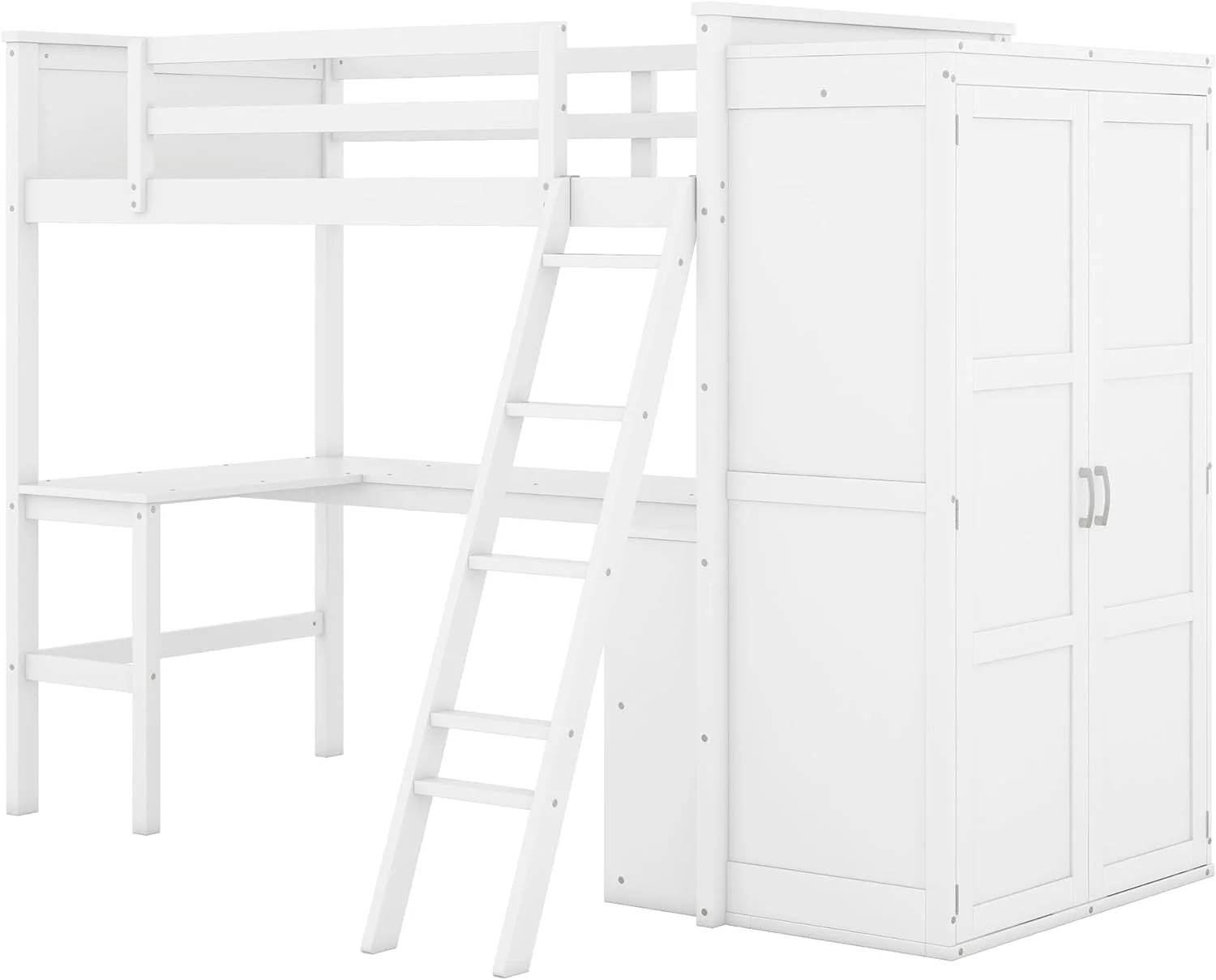 Lof Bed Wih Wardrobe Ad Desk, Wood Size Lof Bed Wih Desk Udereah Ad Sorage Shelves, Lof Bed Wih Close For Kids Boys Girls ees,Whie