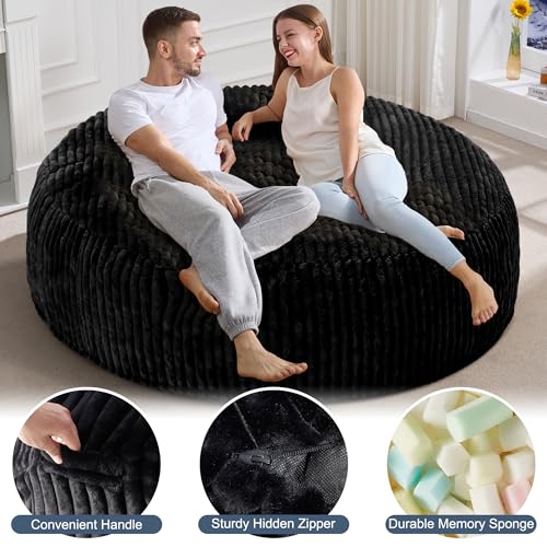 Hobestluk 5ft Bean Bag Chairs for Adults Large Beanbag Chair with Stripe Plush Cover Big Bean Bag Chair for Living Room Bedroom Dorm Office -Black