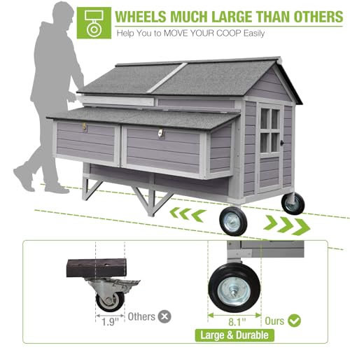 GUTIINNEEN Mobile Chicken Coop with Super Large Wheels and Four Nesting Boxes Mobile Duck House for 8-10 Chickens 68.1" L x 41.3" W x 49" H