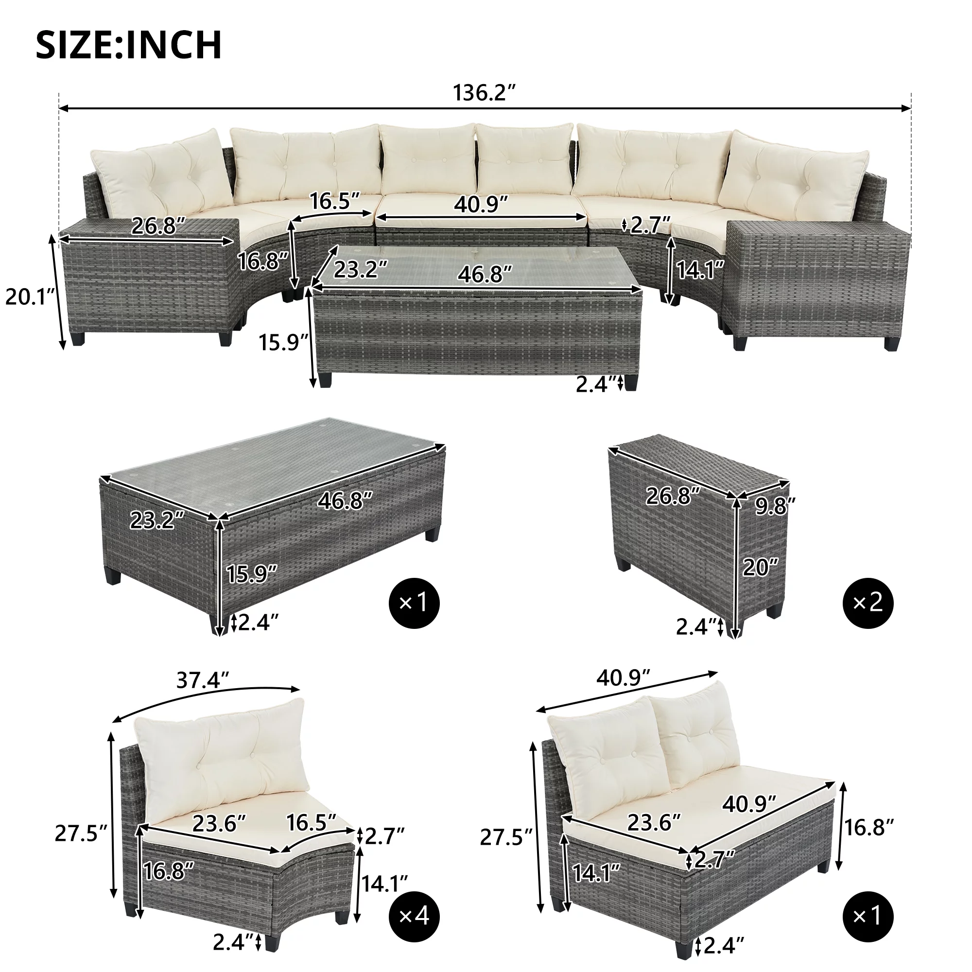 EUROCO 8 Piece Rattan Sectional Sofa Set,Curved  Outdoor Conversation Set,All-Weather Wicker with Removable Cushions & Coffee Table