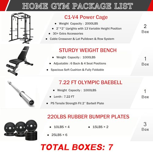 C1-V4 Power Cage, 2000LBS Squat Rack with LAT Pulldown, Multi-Function Weight Cage Strength Training Machine