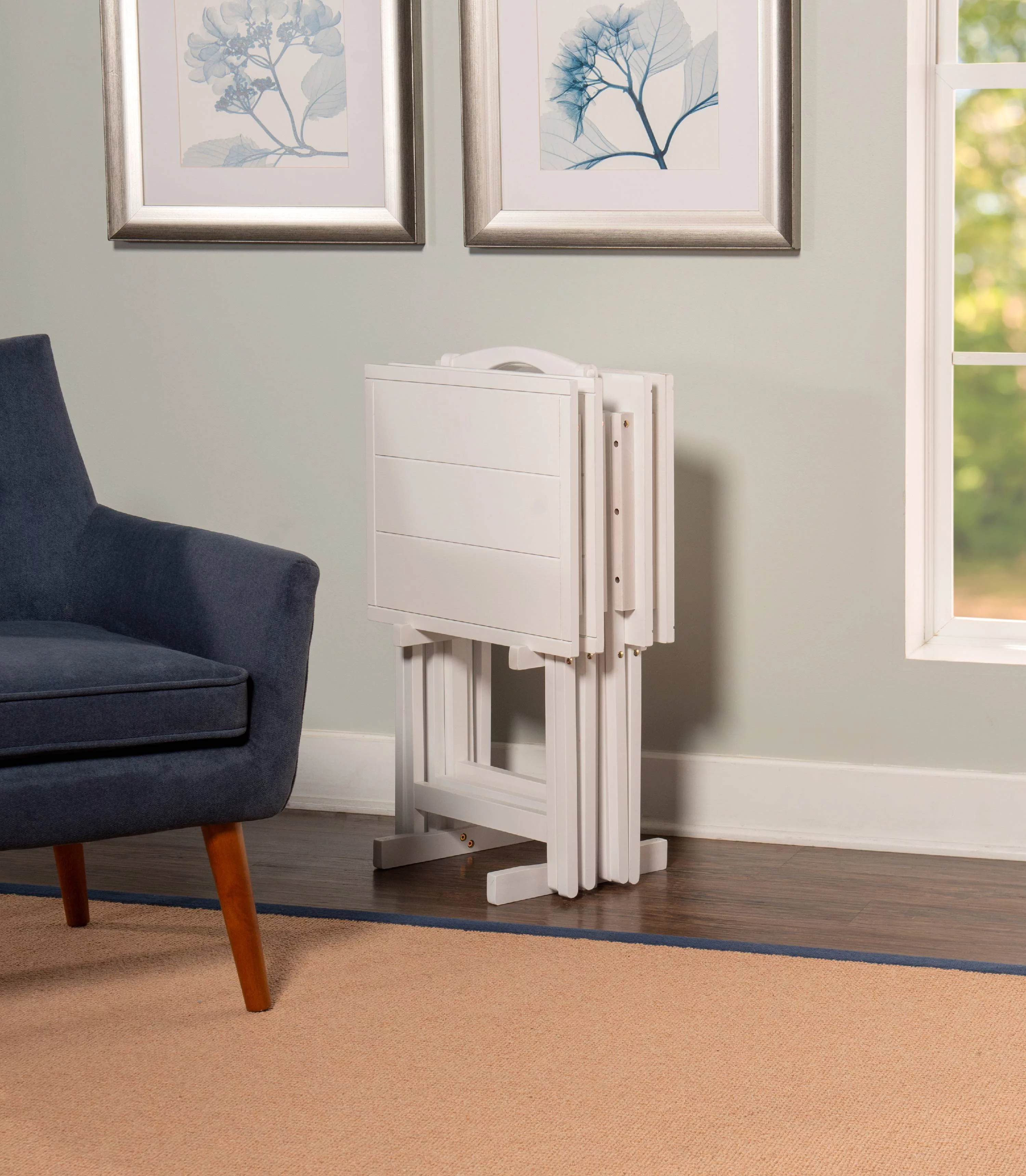 Lisbon Folding Tray Table Set with Stand, 5 Pieces, White