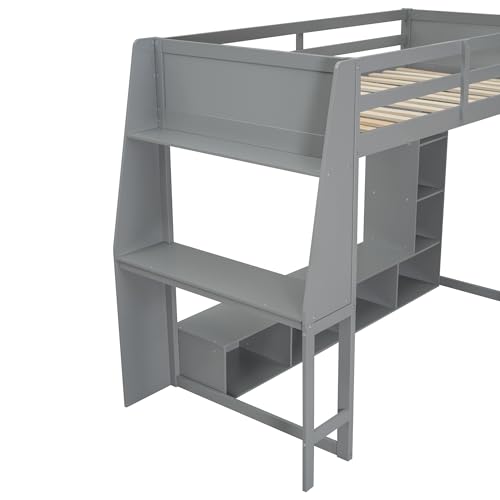 SOFTSEA Full Size Loft Bed with Desk and Storage, Solid Wood Loft Bed with Open Wardrobe and Multi-Storage Shelves