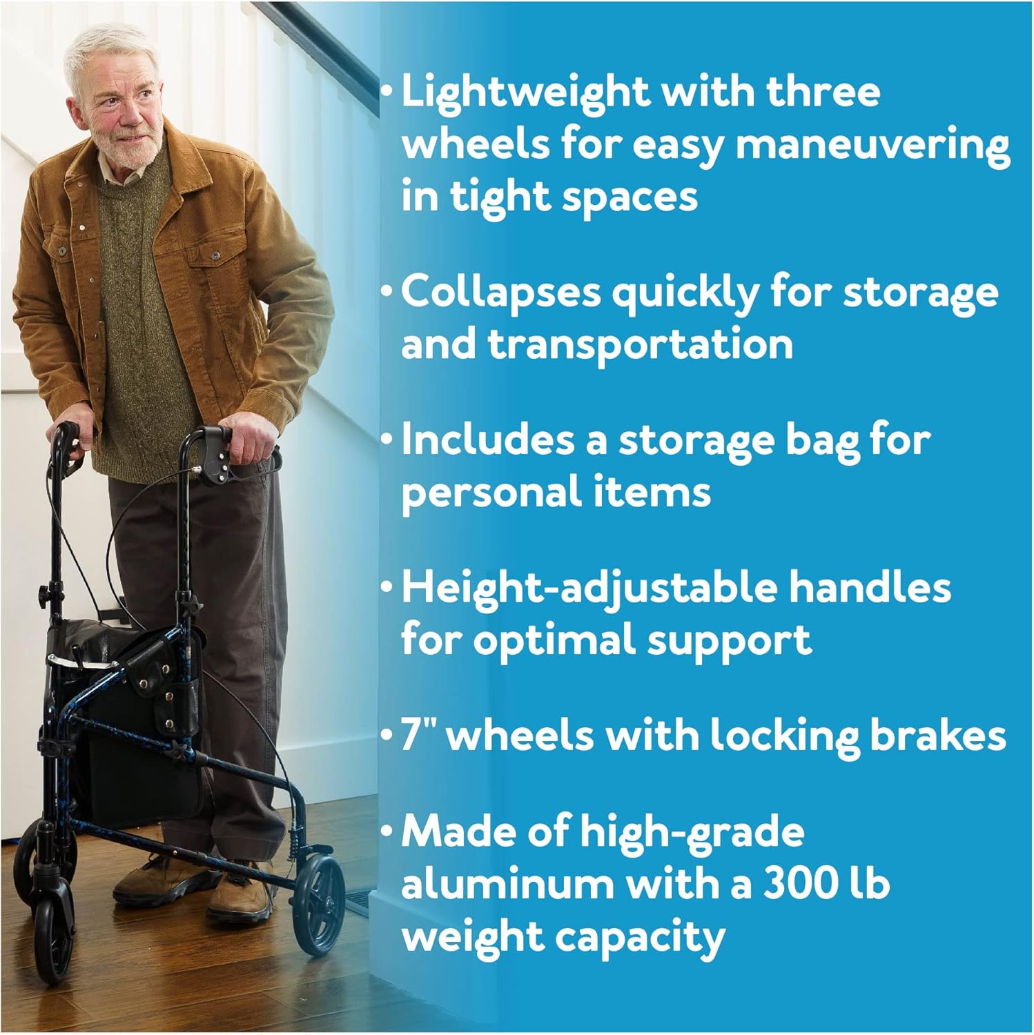 Carex 3 Wheel Walker for Seniors, Foldable, Rollator Walker with Three Wheels, Trio Walker with Height Adjustable Handles, Walker with Wheels