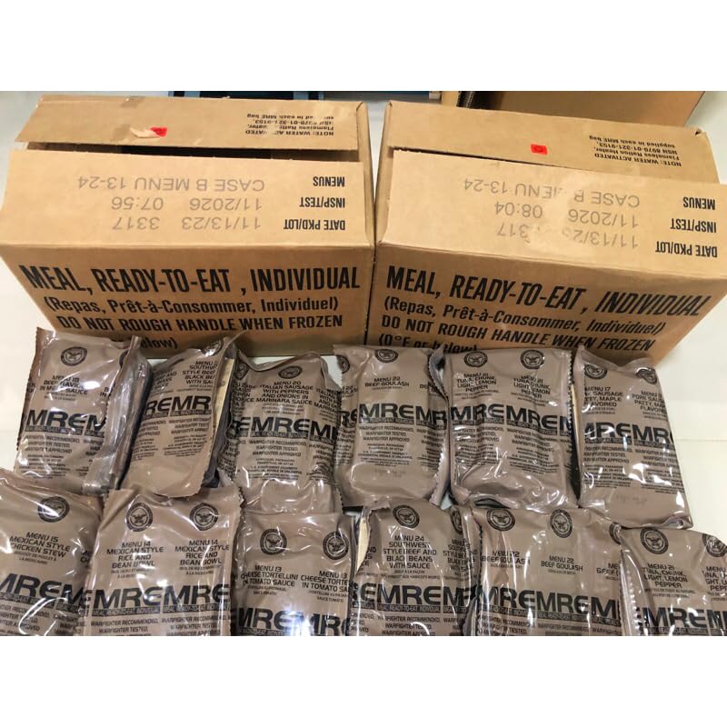 MRE A and B bundle cases 2024 or newer inspection - Military meals ready to eat - 24 full food packs rations with 1