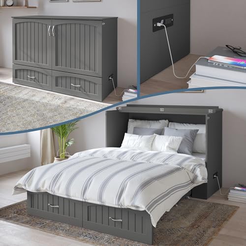 AFI Southampton Queen Murphy Bed Chest with Mattress, Storage, and Built-in Charger in Grey