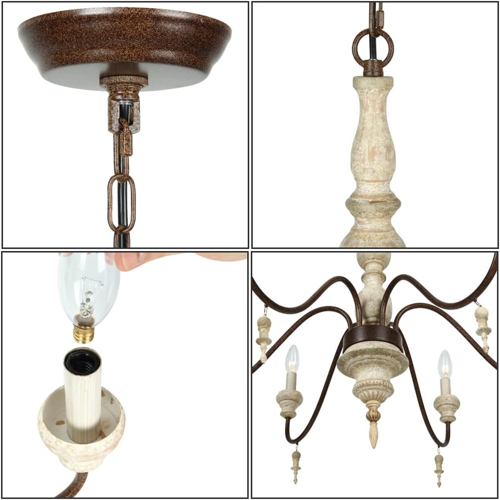 Oldiron 6-Light French Country Candle-Style Chandelier, Distressed White Imitation Wood Metal Chandelier