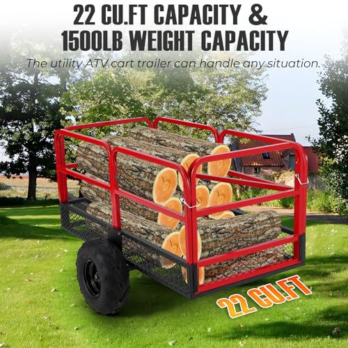 ATV Trailer Garden Dump Cart Tow Behind, 1500 LBS 22 Cubic Feet Heavy Duty Steel ATV Trailer Dump Cart, Pull Behind Yard Wagon Cart with 2 Wheels